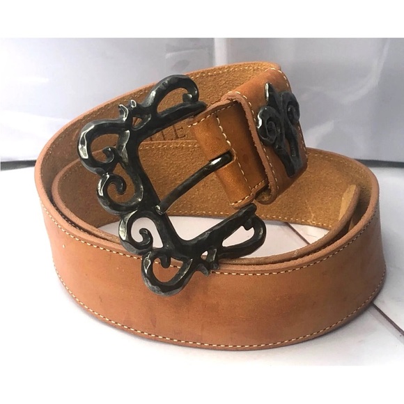Pastille Vintage Handcrafted Tan Leather Belt Fleur De Lis Made In USA Size M - Picture 3 of 16